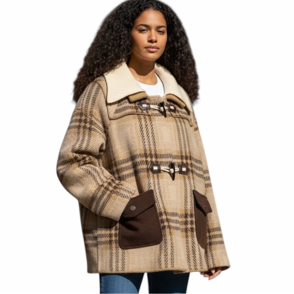 Northern Angel Plaid Duffle Coat Jacket Toggle Closure - Size Large